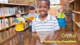  Presentation with pupil - Presentation design consisting of pupil smiling at camera at library at elementary school background and a tawny brown colored foreground