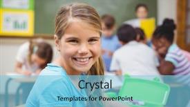  Presentation with pupil - PPT theme with pupil smiling at camera in classroom at the elementary school background and a light blue colored foreground