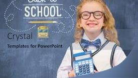  Presentation with pupil - PPT theme with pupil with calculator against blue chalkboard background and a seafoam green colored foreground