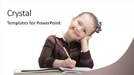  Presentation with pupil - PPT layouts featuring pupil writes something at the paper isolated white background background and a white colored foreground