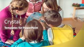  Presentation with geography - Colorful PPT theme enhanced with pupils-and-teacher-in-geography backdrop and a tawny brown colored foreground