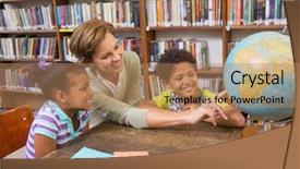  Presentation with elementary - Audience pleasing PPT theme consisting of pupils and teacher looking at globe in library at elementary school backdrop and a coral colored foreground