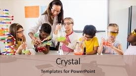  Presentation with classroom - Amazing PPT theme having pupils doing science backdrop and a coral colored foreground