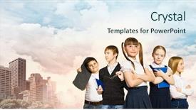  Presentation with future education - Colorful slide set enhanced with pupils holding items education backdrop and a sky blue colored foreground