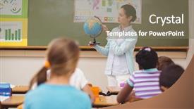  Presentation with elementary - Theme with pupils listening to their teacher holding globe at the elementary school background and a gray colored foreground