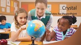  Presentation with black teacher - Slide deck consisting of pupils looking at globe background and a  colored foreground