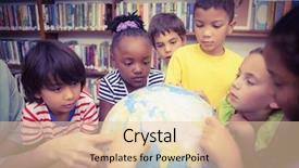  Presentation with school-elementary - Cool new slide deck with pupils looking at globe in library at the elementary school backdrop and a lemonade colored foreground