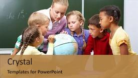  Presentation with listening - PPT theme enhanced with pupils looking at globe background and a gold colored foreground