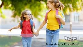 Presentation with school-backpacks - Presentation design having pupils-of-primary-school-girls and a  colored foreground