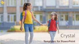  Presentation with school backpacks - PPT theme featuring pupils-of-primary-school-girls background and a lemonade colored foreground