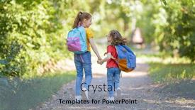  Presentation with school backpacks - Theme having pupils-of-primary-school-girls background and a light blue colored foreground