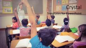  Presentation with elementary - Colorful PPT theme enhanced with pupils raising their hands backdrop and a coral colored foreground