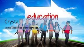  Presentation with royal blue education - Beautiful slide deck featuring pupils running against railway leading backdrop and a light blue colored foreground