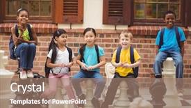  Presentation with chess pieces - Slide set with pupils sitting on giant chess background and a coral colored foreground