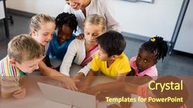  Presentation with teacher negotiations - PPT layouts consisting of pupils using laptop in classroom background and a tawny brown colored foreground