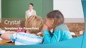  Presentation with elementary - Slide set having pupils whispering secrets during class at the elementary school background and a coral colored foreground