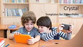  Presentation with classroom - Presentation consisting of pupils with phones in classroom background and a  colored foreground