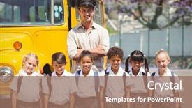  Presentation with school bus - PPT theme with pupils with their school bus background and a coral colored foreground