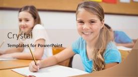  Presentation with school desk - Amazing slide deck having pupils working at their desk in class at the elementary school backdrop and a coral colored foreground