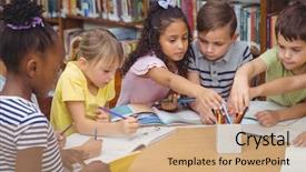  Presentation with school desk - Cool new slides with pupils working together at desk backdrop and a coral colored foreground