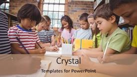  Presentation with working together - Slide deck consisting of pupils working together at desk in library at the elementary school background and a coral colored foreground