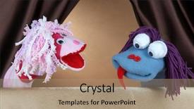  Presentation with show - Beautiful PPT theme featuring puppet show on brown background backdrop and a coral colored foreground
