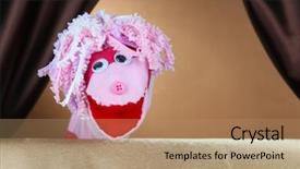  Presentation with 3d puppet - Slide deck enhanced with puppet show on brown background background and a coral colored foreground