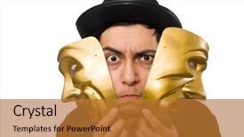  Presentation with mask - Amazing slides having puppetry - young man with golden venetian backdrop and a gold colored foreground