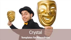  Presentation with mask - PPT theme featuring puppetry - young man with golden venetian background and a coral colored foreground