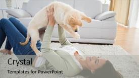  Presentation with happy smiling woman dental health - PPT theme featuring puppy while lying on rug background and a light gray colored foreground