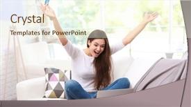  Presentation with young man holdng laptop on lap money - Beautiful PPT theme featuring purchasing - young happy woman with laptop backdrop and a cream colored foreground