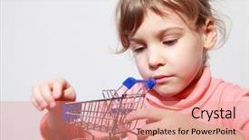  Presentation with shopping trolley - PPT theme with purchase consideration - cute little blond girl care background and a coral colored foreground