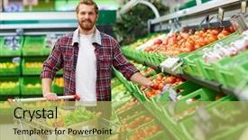  Presentation with supermarket - Cool new theme with fruit shopping - portrait of young bearded man backdrop and a yellow colored foreground