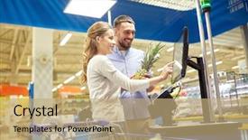  Presentation with food service - Presentation theme featuring purchase free - shopping sale consumerism and people background and a coral colored foreground