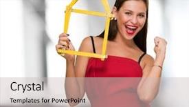  Presentation with house window frame - Presentation enhanced with purchase home - woman holding house frame doing background and a  colored foreground