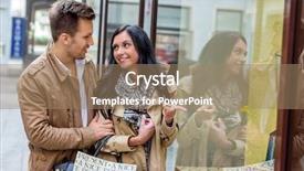  Presentation with city - Presentation consisting of purchase power - young couple einkausbummel shopping background and a coral colored foreground