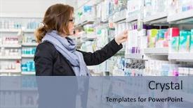 Presentation with pharmacy - Amazing PPT theme having purchaser choosing product at pharmacy backdrop and a seafoam green colored foreground
