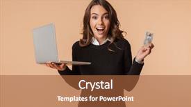  Presentation with credit card - PPT layouts featuring purchasing computers - excited young woman wearing sweater background and a red colored foreground
