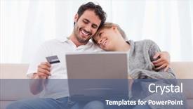  Presentation with online shopping - Colorful PPT layouts enhanced with purchasing computers - happy couple shopping online backdrop and a  colored foreground