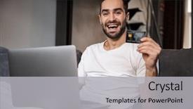  Presentation with credit card - Audience pleasing PPT theme consisting of purchasing computers - happy young man sitting backdrop and a light gray colored foreground