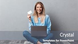  Presentation with smiling little girl - PPT theme with purchasing computers - smiling young blonde girl using background and a ocean colored foreground