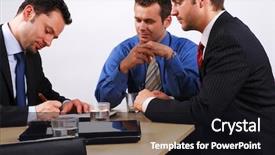  Presentation with negotiating - Beautiful presentation featuring purchasing management - three businessmen sitting backdrop and a wine colored foreground
