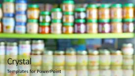  Presentation with baby food - Presentation theme enhanced with pure sales - blurred view of shelves background and a yellow colored foreground