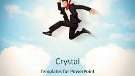  Presentation with blue business - Colorful presentation theme enhanced with pure sales - business person jumping over clouds backdrop and a sky blue colored foreground
