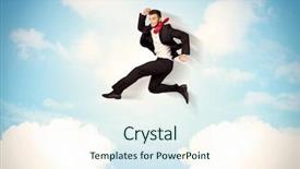  Presentation with blue business - Presentation design consisting of pure sales - business person jumping over clouds background and a  colored foreground