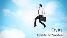  Presentation with blue business - PPT theme having pure sales - business person jumping over clouds background and a cool aqua colored foreground