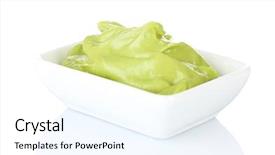  Presentation with pure white - Presentation theme consisting of pure vegeterian - fresh guacamole in bowl isolated background and a  colored foreground