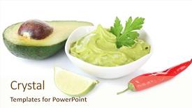  Presentation with pure white - Slide set having pure vegeterian - fresh guacamole in bowl isolated background and a  colored foreground