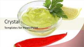  Presentation with pure white - Presentation design consisting of pure vegeterian - fresh guacamole in bowl isolated background and a  colored foreground