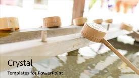  Presentation with water bamboo - Presentation design featuring bamboo water fountain with ladle in japanese temple background and a coral colored foreground